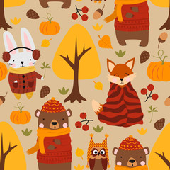 seamless pattern with bear hare fox owl in the autumn forest - vector illustration, eps