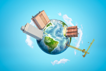 3d rendering of planet Earth in blue sky, with three super-huge blocks of flats and one hoisting crane on its surface.