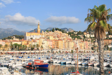 Naklejka premium Marina and The old town of menton with its beautiful colorful facades, France