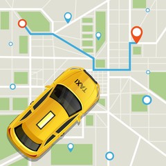 Convenient taxi service online application vector illustration. Top view of modern city map with geolocation pins and yellow taxicab driving on paved by special app blue route flat style concept © Microstocker.Pro