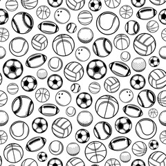 Vector black and white sport balls seamless pattern or background