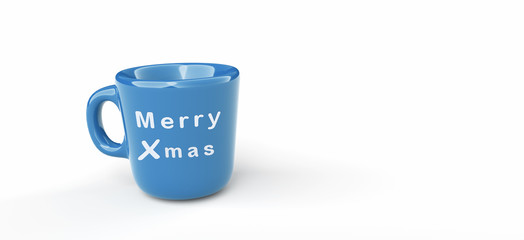 Merry Christmas, a mug with the word Xmas written, on isolated white background. 3d illustration