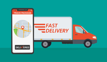 Smartphone with tracking delivery. Truck on the green background. Tracking system. Mobile App. Vector illustration in flat style.