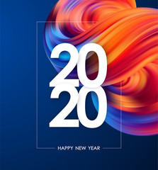 Happy New Year 2020. Greeting poster with colorful abstract fluid shape. Trendy design