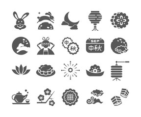 Mid-Autumn Festival of Chinese moon festival solid icon set, vector and illustration