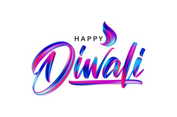 Hand drawn calligraphic brush stroke colorful paint lettering of Happy Diwali