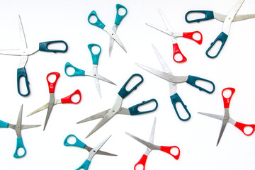Many scissors isolated on white background