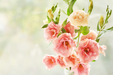 Spring card template. Happy Birthday or Valentine. Women's Day. Greeting card for mother's day. Congratulation with Easter. Flower card. Copy space. Wedding invitation. Roses on pink background