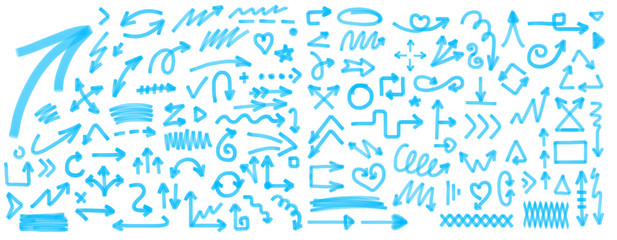 arrow hand drawn marker set. arrow blue drawing doodle marker vector set