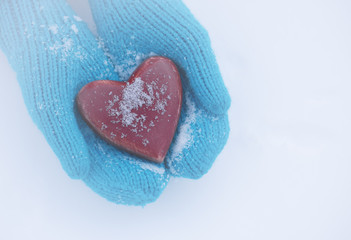 Female hands in mittens with heart, close-up