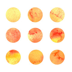 Set of nine orange round background, watercolor texture isolated on the white background
