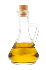 side view of closed glass jug with olive oil