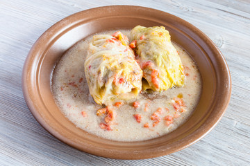 stewed cabbage rolls on ceramic plate on table