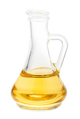 glass jug with vegetable oil isolated on white