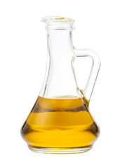 side view of glass jug with olive oil isolated