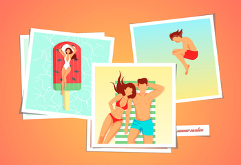 Vector illustration with summer holiday photographs. Woman on the air mattress, couple sunbathing on the beach, young man jumping into the water.  Illustrations can be used for poster, banner, catds.