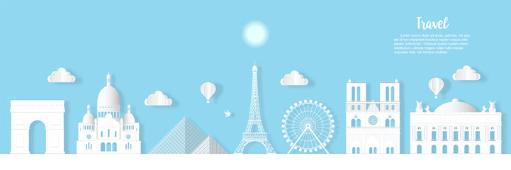 Travel French architecture of Paris landmark in France cityscape with panoramic views , origami style paper for travel postcards, Vector illustration.