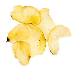 several salty potato chips isolated on white