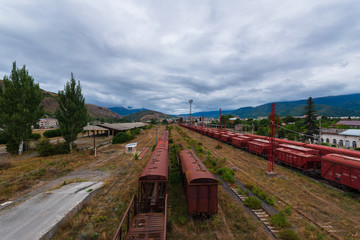 Fototapeta na wymiar Landscape with train and railway station, Vanadzor