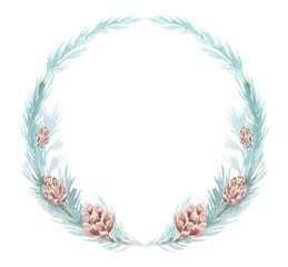 Watercolor winter floral fir wreath. Merry Christmas and Happy New Year holiday decoration card design. Hand painted tree branches composition isolated on white background.