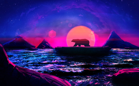 Abstract colorful digital paint of a bear alone in the sea
