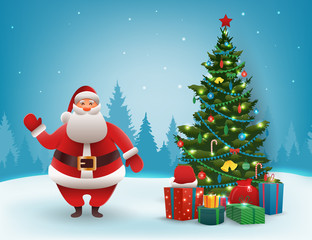 Santa Claus with Christmas tree. Merry Christmas and Happy New Year. Vector