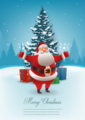 Santa Claus with Christmas tree. Merry Christmas and Happy New Year. Vector