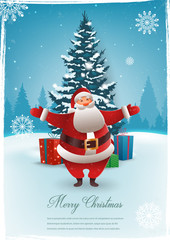 Santa Claus with Christmas tree. Merry Christmas and Happy New Year. Vector