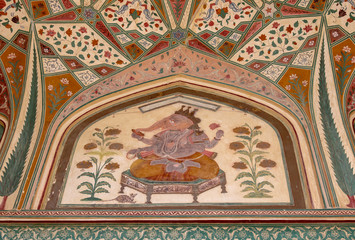 colorful mural painting at the entrance of Amber Fort, Jaipur, Rajasthan, India