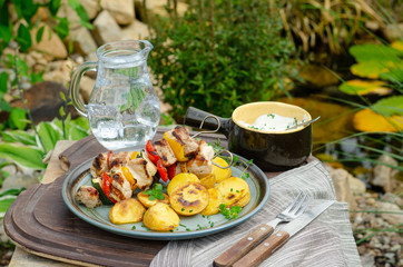 Outside grilling shish kebab