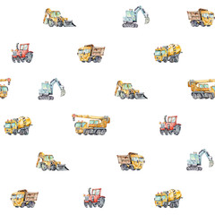 Watercolor seamless pattern with colorful little toy cars. Trucks and Cars Watercolor Background for Kids. Red tractor, Excavator, Digger machine, Building machines, Concrete Mixer.