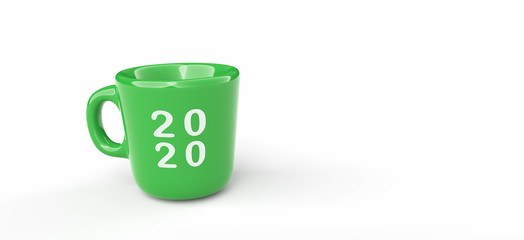 2020 new year, mug with number of 2020 on isolated white background, 3d illustartion. 2020 anno nuovo. tazza con numero 2020 su sfondo bianco. illustrazione 3d