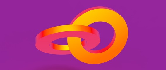 Diseño de aros entrelazados en 3d. Fondo de anillos abstracto con materiales metálicos y plásticos con luces y sombras. Presentación tridimensional colorida