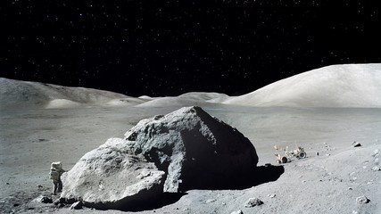 Astronaut landed on the planet. Cosmonaut goes to his moon rover. Outer space planet landscape ....