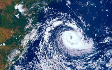 Category 5 super typhoon approaching the coast. The eye of the hurricane. View from outer space ...