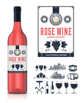 Vector vintage rose wine label and wine bottle mockup. Winemaking business branding and identity icons and design elements