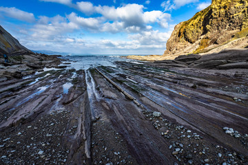 Geological rock formations know as flysch caused by the erosion of the sea, Zumaia, Basque Country, Spain
