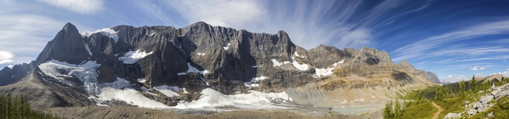 Wide Panoramic Landscape View of Rockwall Mountain Cliffs and Alpine Meadows on a Great Summertime Hiking Trail in Kootenay National Park, Canadian Rockies
