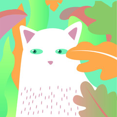 a white cat with pink ears sits among the plants. Around the plant are orange, green, pink. Gradient is used in the picture.