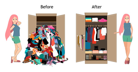 Before untidy and after tidy wardrobe with a girl. A lot of cheap, unfashionable, old messy clothes thrown out of closet and nicely arranged clothes in piles and boxes after the organization