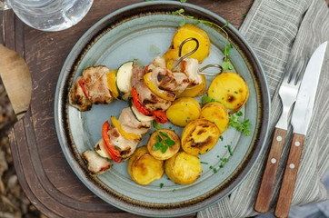 Outside grilling shish kebab