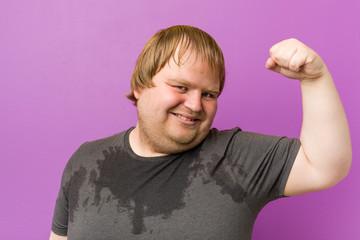 Caucasian crazy blond fat man sweating
