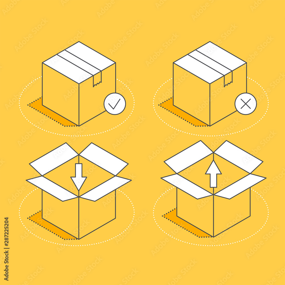 Poster isometric vector image on a yellow background, a set of icons in the form of boxes closed and open, 