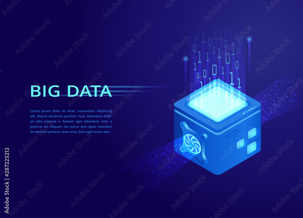 Poster isometric vector image on a dark blue background, illustration in the form of a landing page for a w