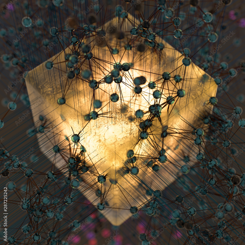 Poster transparent cube and technical connection, 3d rendering