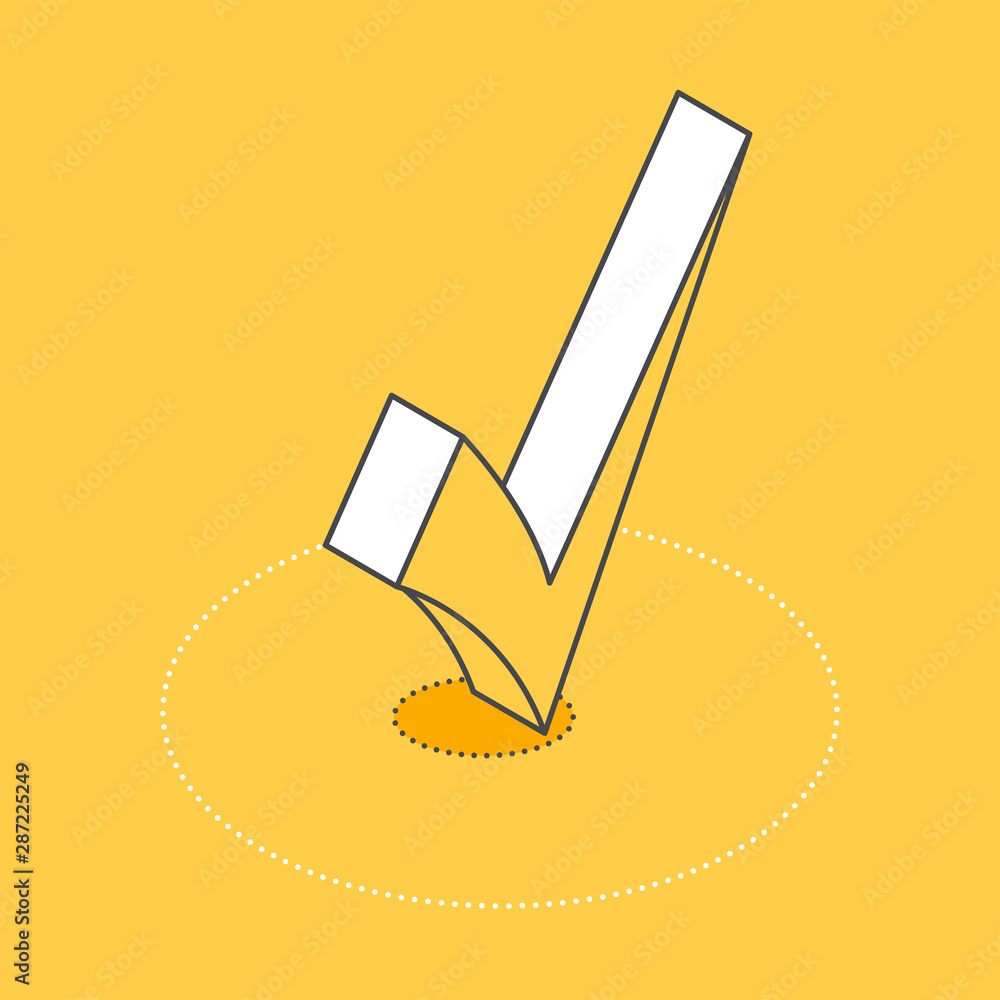 Poster isometric vector image on a yellow background, icon in the form of a check mark, acceptance and appr