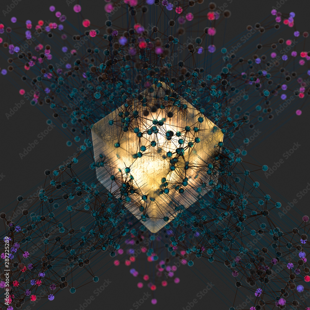 Poster transparent cube and technical connection, 3d rendering