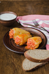 Stuffed peppers with rice and minced meat stew in tomatoes, rye bread. Rustic food.