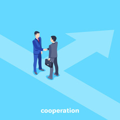 isometric vector image on a blue background, men in business suits shake hands, a business agreement and a contract