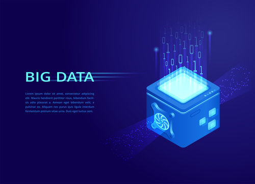 isometric vector image on a dark blue background, illustration in the form of a landing page for a web site, a server processing big data